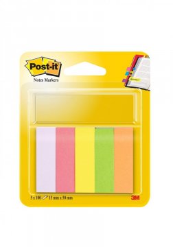 3M Post-it papírové značkovací záložky, 15 x 50 mm, neonové barvy (fialová,růžová,žlutá,zelená,oranžová), 5x 100ks