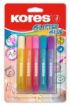 Glitter glue 10,5 ml x 5 pastelových barev, lepidlo se třpytkami (žlutá, broskvová, růžová, tyrkysová, fialová)