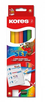 JUMBO KOLORES Starter Set - 6x trojhranné pastelky 5 mm + 1x Coach tužka + ořezávátko + guma