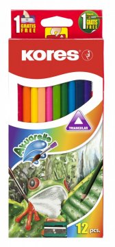 Akvarelové pastelky trojhranné 3 mm / 12 barev, ořezávátko + štětec