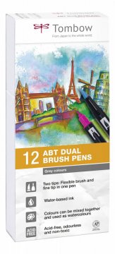 Tombow Sada oboustranných fixů ABT Dual Brush Pen – Grey tone, 12 ks