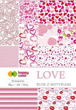 Blok se vzorovanými papíry LOVE, 80g/m2, A4, 15 listů, 30 vzorů