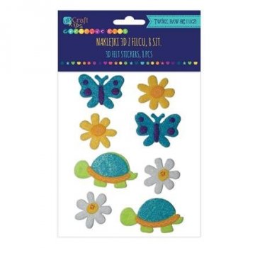 Filcové 3D samolepky – želvy, květy a motýli, 8 ks