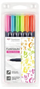 Tombow Sada štětcových fixů Fudenosuke, tvrdost 1 (hard), 6 neonových barev